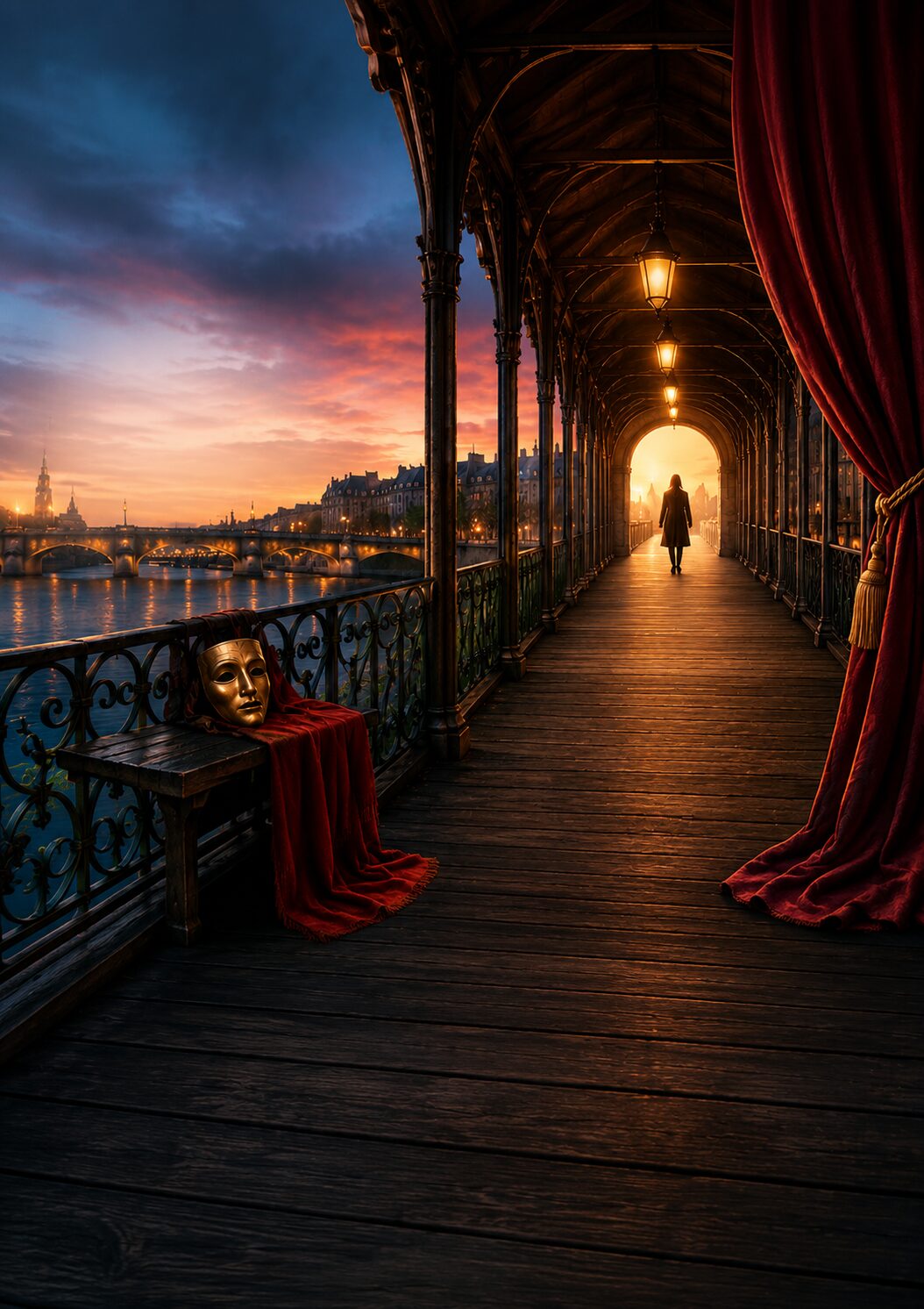 Masque de théâtre et silhouette sur passerelle, Zanni Compagnie à Toulouse